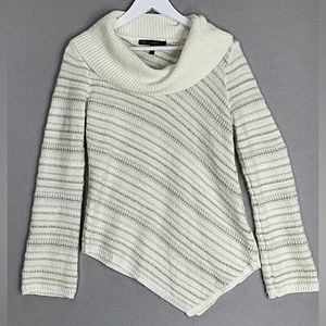 🪅WHBM Ivory Silver Gold Metallic  Shimmer Asymmetrical Cowl Neck Long Sleeves M